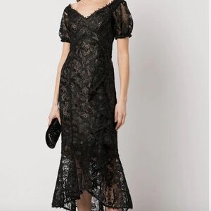 Marchesa Notte Black Off Shoulder Guipure Lace Dress